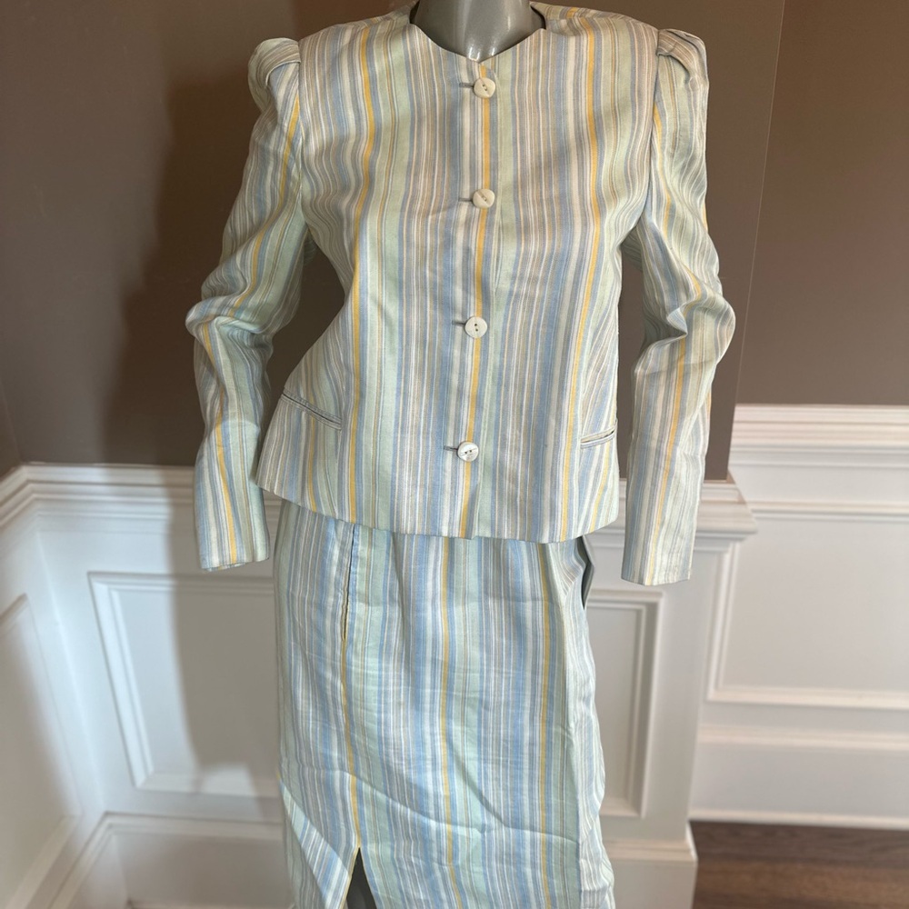 VINTAGE Salvatore Ferragamo 100% Linen Striped Skirt Set Multicolored Sz 10